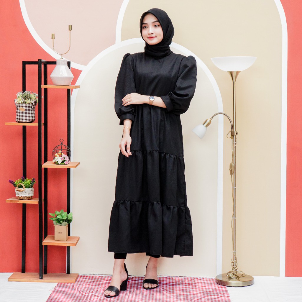 [ COD ] Andien Dress S M L XL | Fashion Muslim Tangan Balon Rok Rempel | Casual Daily Kondangan OOTD