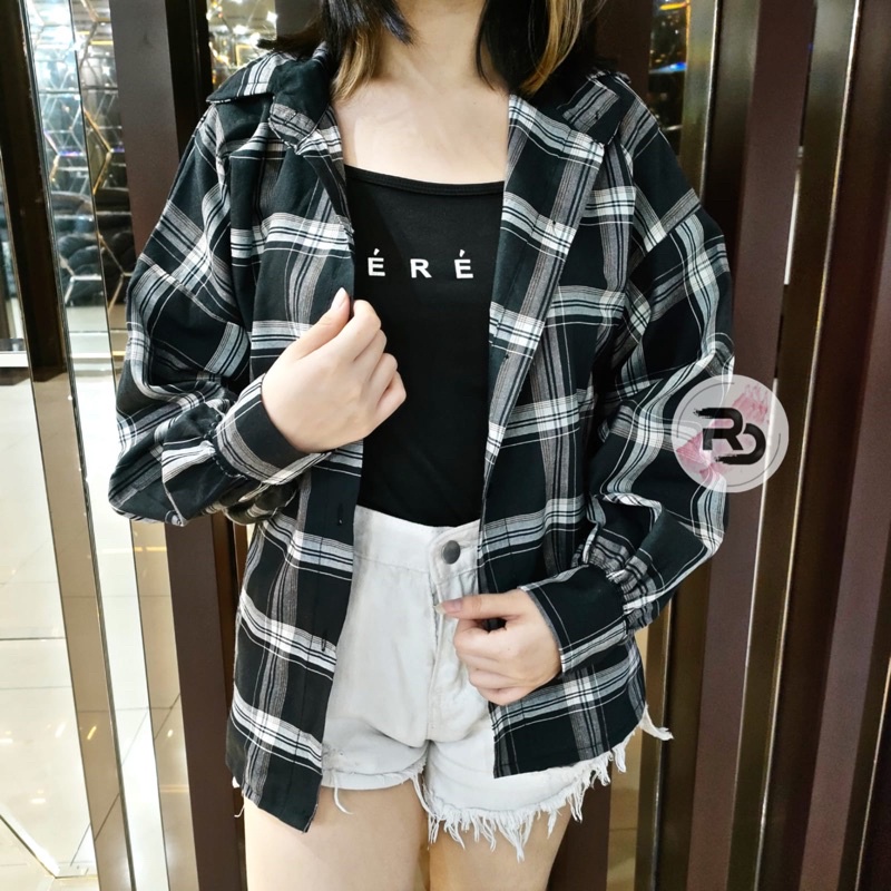 RD FASHION Kemeja Oslin Oversize | Kemeja Korea Jumbo Wanita | Bahan Creap - Fit to L-KOTAK SJ HITAM