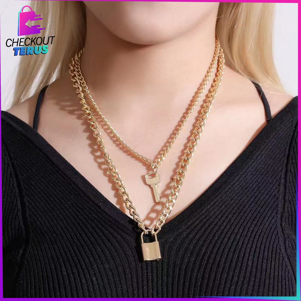 CT K57 K58 Korean Fashion Kalung Gembok Kunci Lock Key Wanita Pria Retro Kalung Rantai Wanita Lapis Emas Liontin Simple Unik