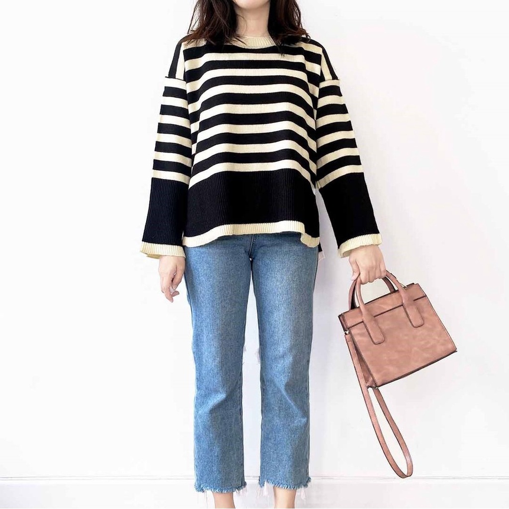 Tq88indonesia Fashion Baju Sweater Rajut Wanita Terbaru /  LAYLA STRIPE OUTER KNIT / OUTER Cewek / Busana Luaran Kekinian / Outfit