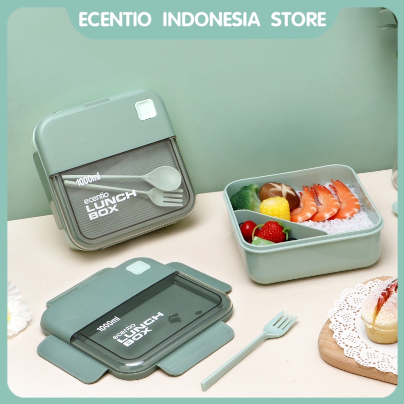 ecentio kotak makan tempat bekal lunch box 1000ml lunch box 2 grids sendok makan set BPA free