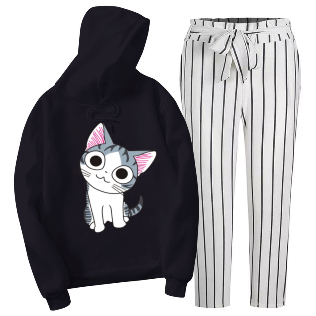 BESS - Setelan Hoodie Wanita Murah / Setelan Hoodie + Celana Salur Putih - KIKU CAT