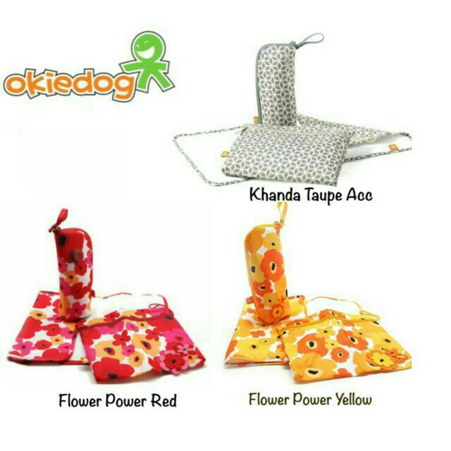 Okiedog Khanda Taupe Flower Power Red Yellow Accesories Perlak Pouch dan Thermal Bag