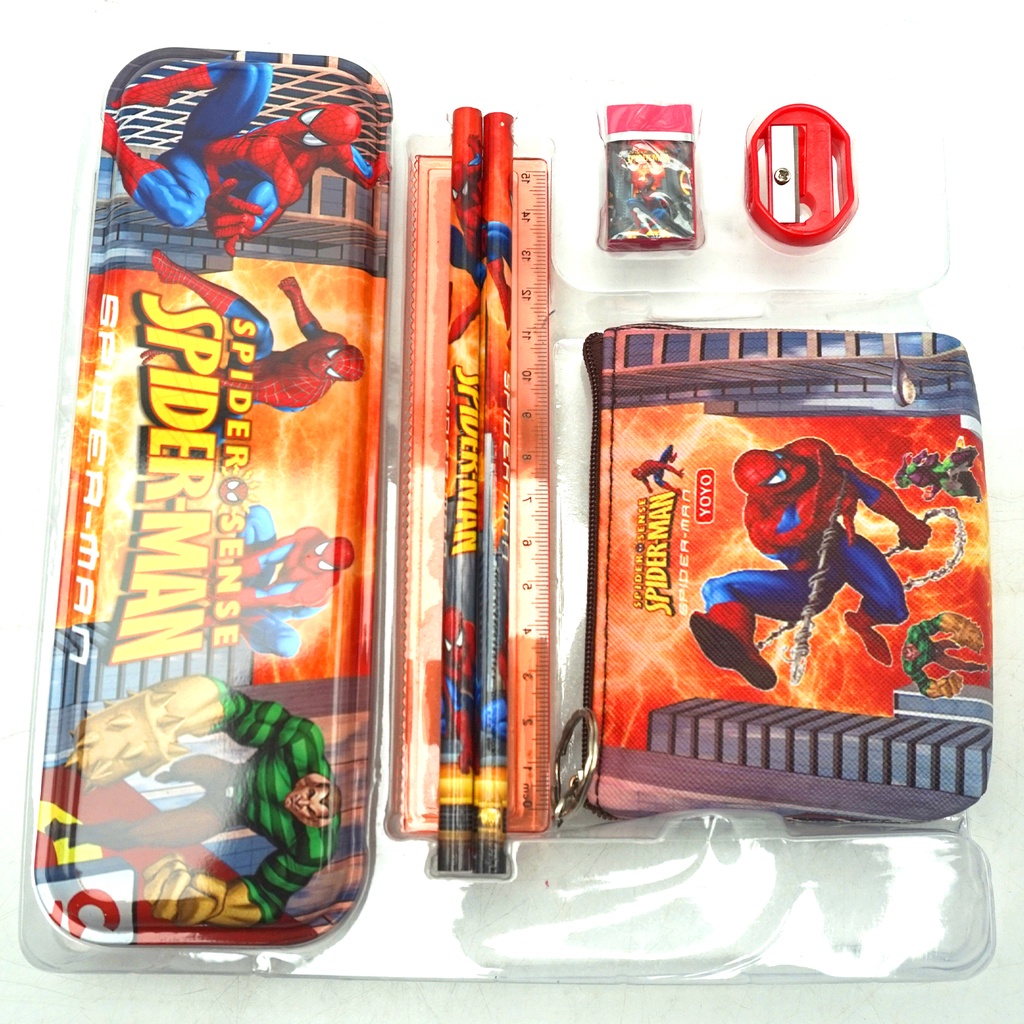 Alat Tulis Set Spiderman Merah Kotak Pensil Penggaris Crayon Pewarna Penghapus Peruncing Anak