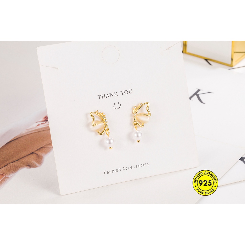 Anting Tusuk Sterling Silver 925 Desain Kupu-Kupu / Hati / Tetesan Air Hias Mutiara Untuk Wanita