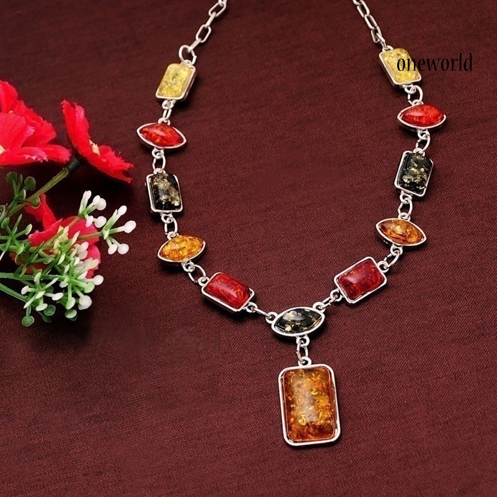 OW@ Square Oval Amber African Style Women Necklace Hook Earrings Party Jewelry Set