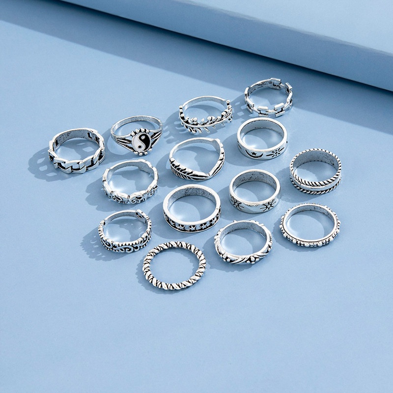 14pcs / Set Cincin Tai Chi Gaya Vintage Warna Silver Untuk Wanita