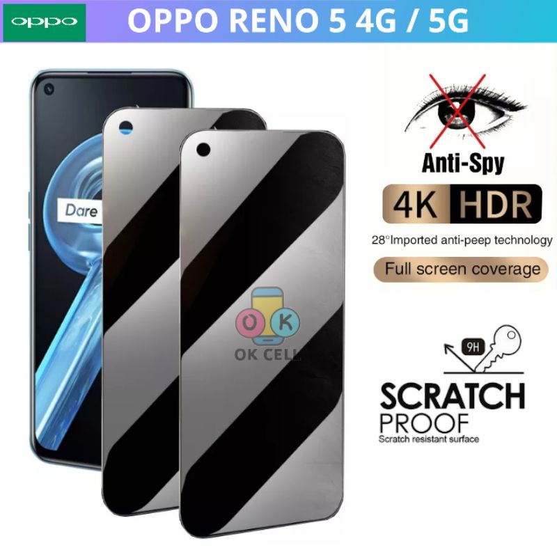 Tempered Glass Anti Spy Oppo Reno5 4G 5G TG Full Layar Screen Protector Premium