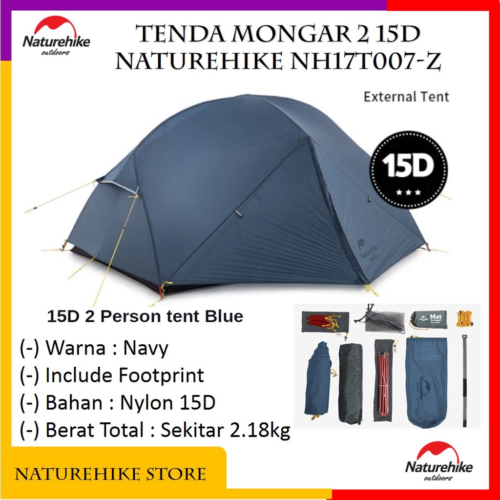 Tenda Camping Ultralight Hiking Gunung Outdoor Mongar 2 15D Kapasitas 2 Orang Naturehike NH19M002-J