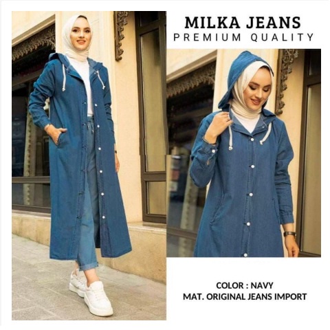 Long Tunik Hoodie Jeans Milka / Long Outer Jeans Oversize Wanita Long Cardigan Polos Casual Outfit W