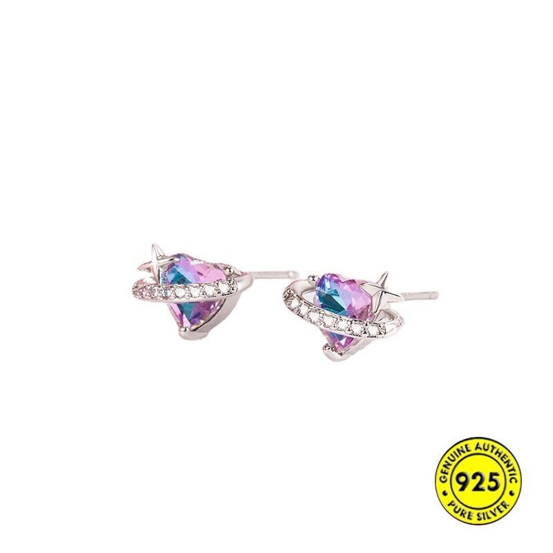 Anting Stud Desain Hati Saturnus Aksen Berlian Gaya Korea Untuk Wanita