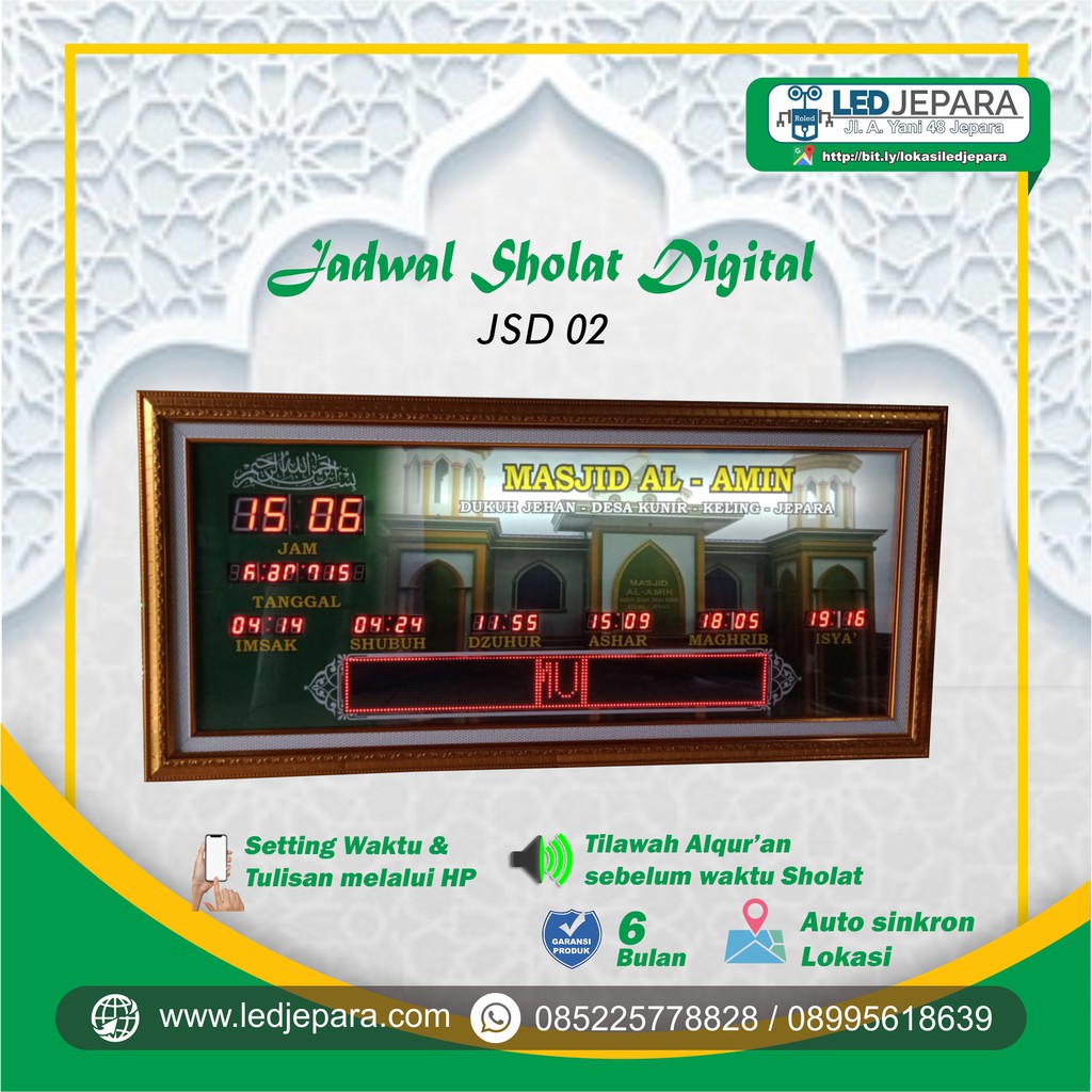 Jadwal Sholat Mewah Beralarm dan Running Text - JSD02 - LED JEPARA