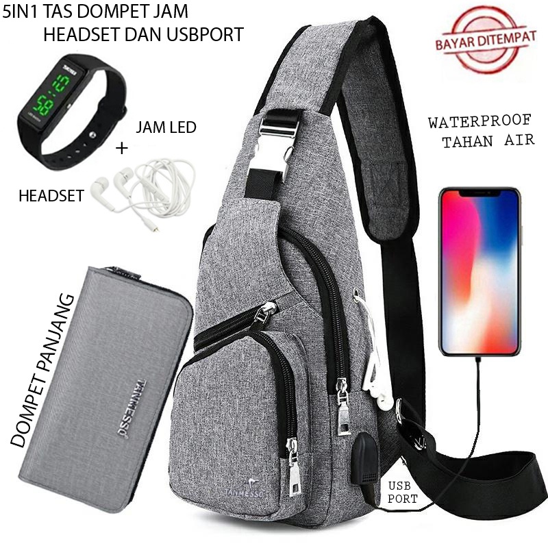 TANMESSO 5IN1 BAYAR DITEMPAT-BONUS JAM LED,DOMPET &amp; USBPORT&amp;HEADSET-TAS SELEMPANG PRIA