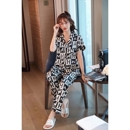 DC Piyama Satin Lengan Pendek Celana Panjang Import Quality-dc H Black White