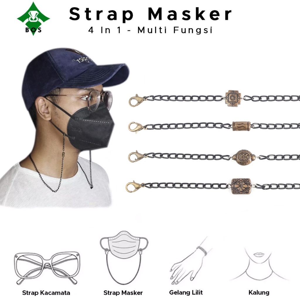[Bayar Di Tempat] BOS Strap Masker Kalung Kacamata Pria Rantai Hitam Keren Korea 3 in 1