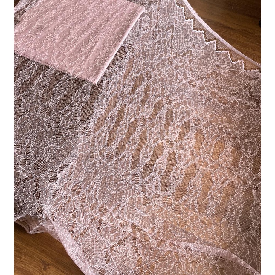 Kain Brukat Chantily Semi Prancis Lace Panel Warna Pink Merah Muda Rosegold