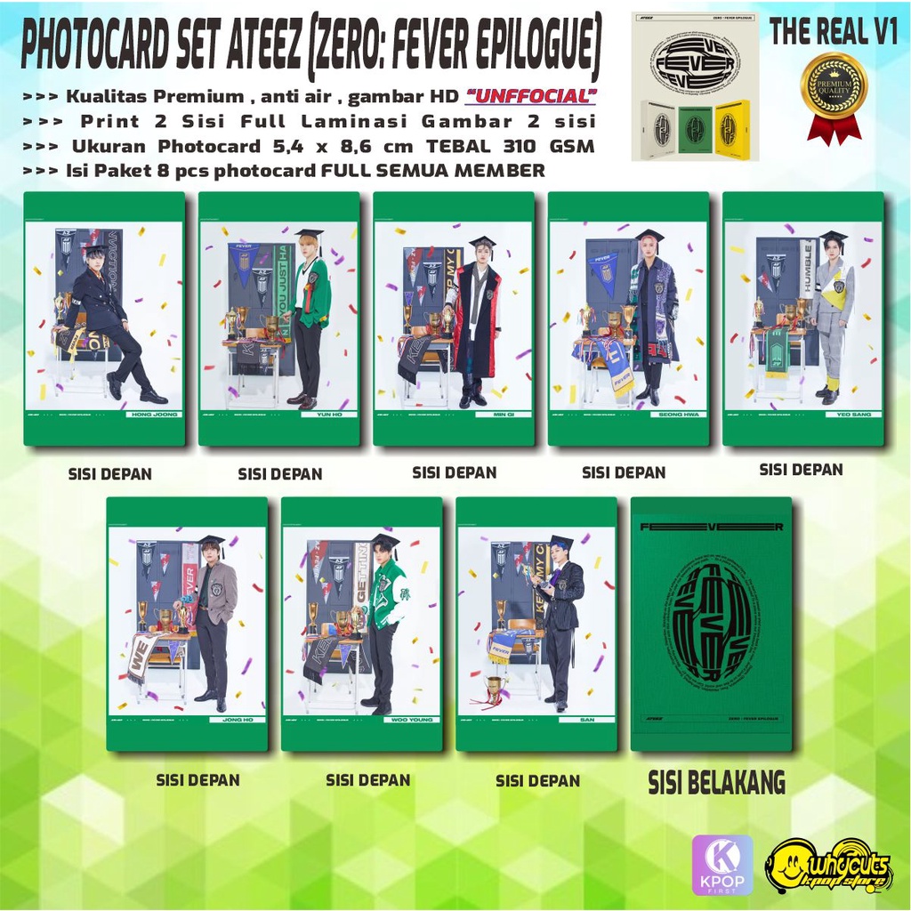 PHOTOCARD SET PREMIUM KPOP/ ATEEZ / ZERO FEVER EPILOGUE / PRINT 2 SISI FULL LAMINASI / ISI 1 SET 8PCS