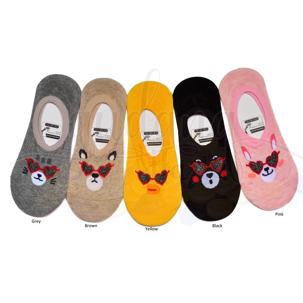 Kaos Kaki Wanita Pendek Hidden Socks Glitter Glasses Lucu Kucing Kelinci Bear GH 103115