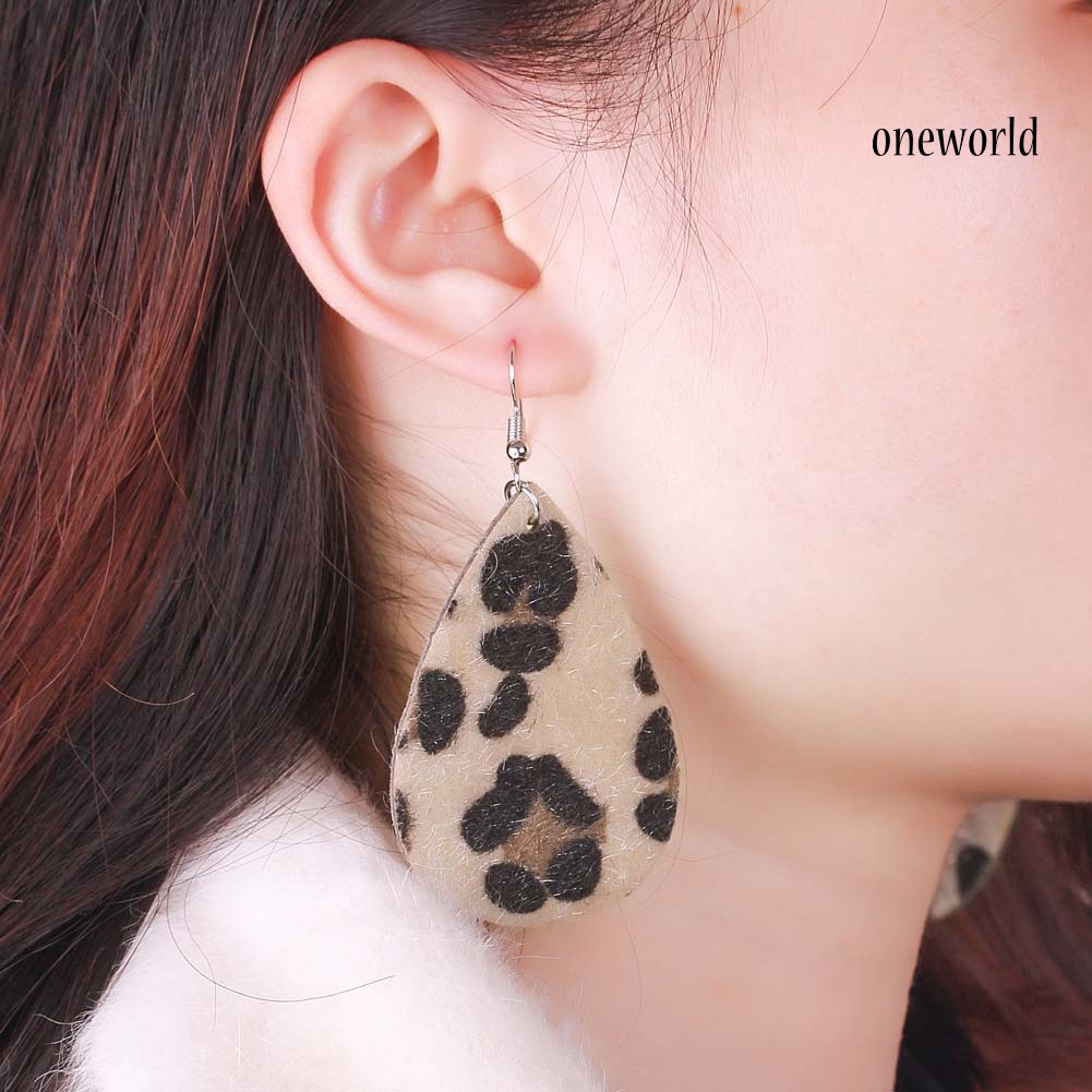 OW# Women Leopard Print Teardrop Dangle Faux Leather Hook Earrings Jewelry Gift