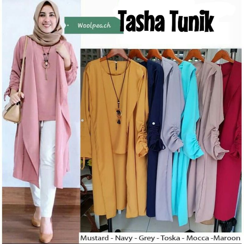 Baju Tunik Atasan Wanita Muslim TASHA TUNIK Warna BIRU NAVY NAVI ABU ABU GREY DUSTY PINK KUNING KUBU