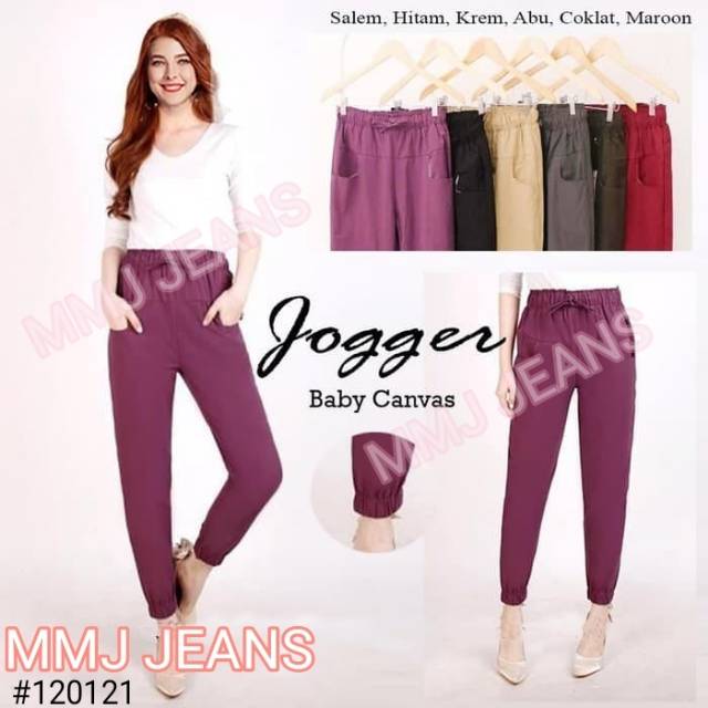 120121 Celana Panjang Jogger katun Wanita Pinggang Karet Celana Bahan Hitam Abu Krem