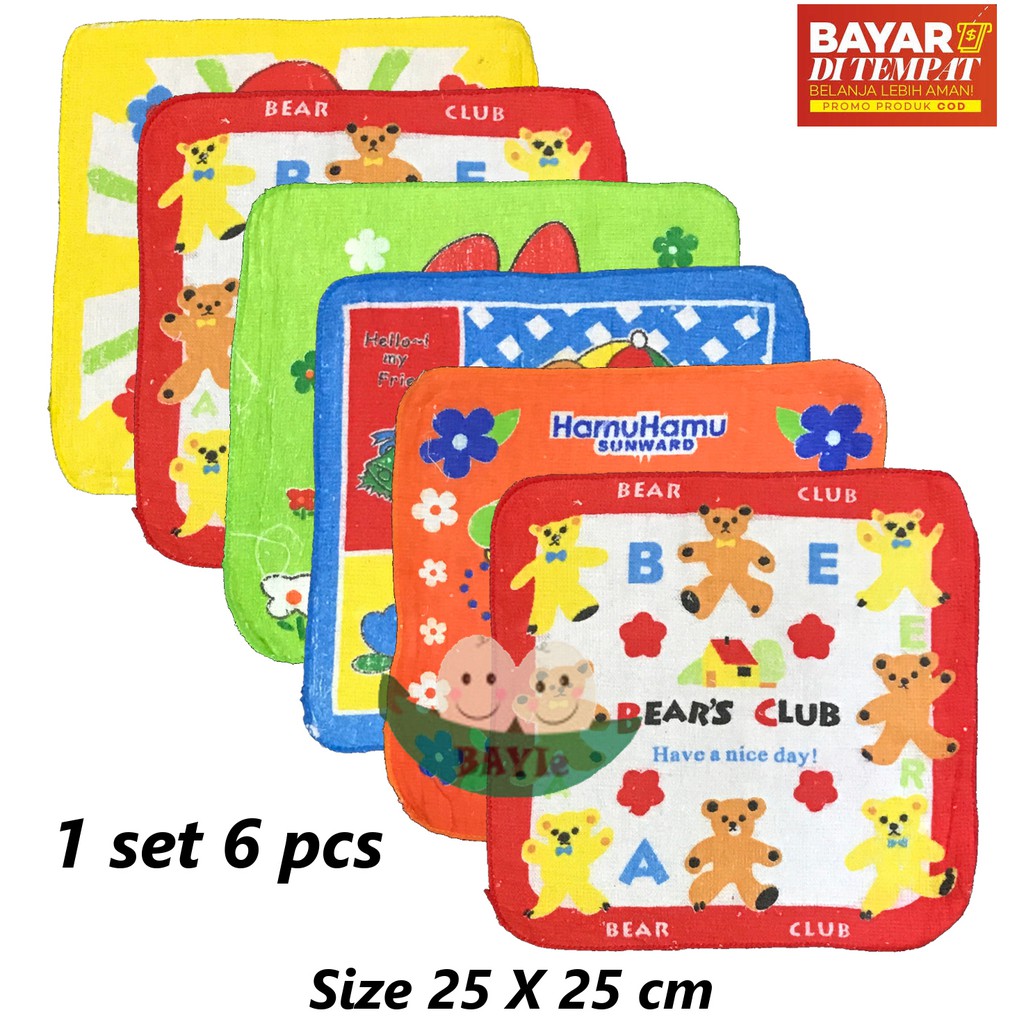 BAYIe - 6 Pcs Sapu Tangan Handuk/Handuk muka/Lap Mulut Bayi/Anak Motif RANDOM Ukuran 25 x 25 cm