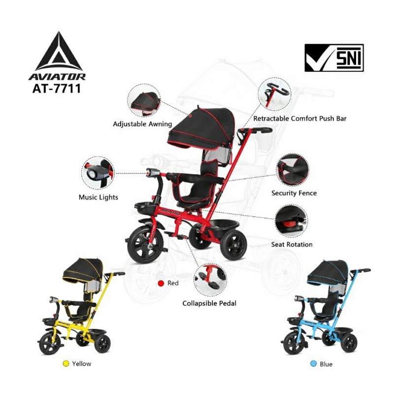 Sepeda Roda Tiga Anak Aviator 7711 Dorongan Musik Kanopy Jok Putar