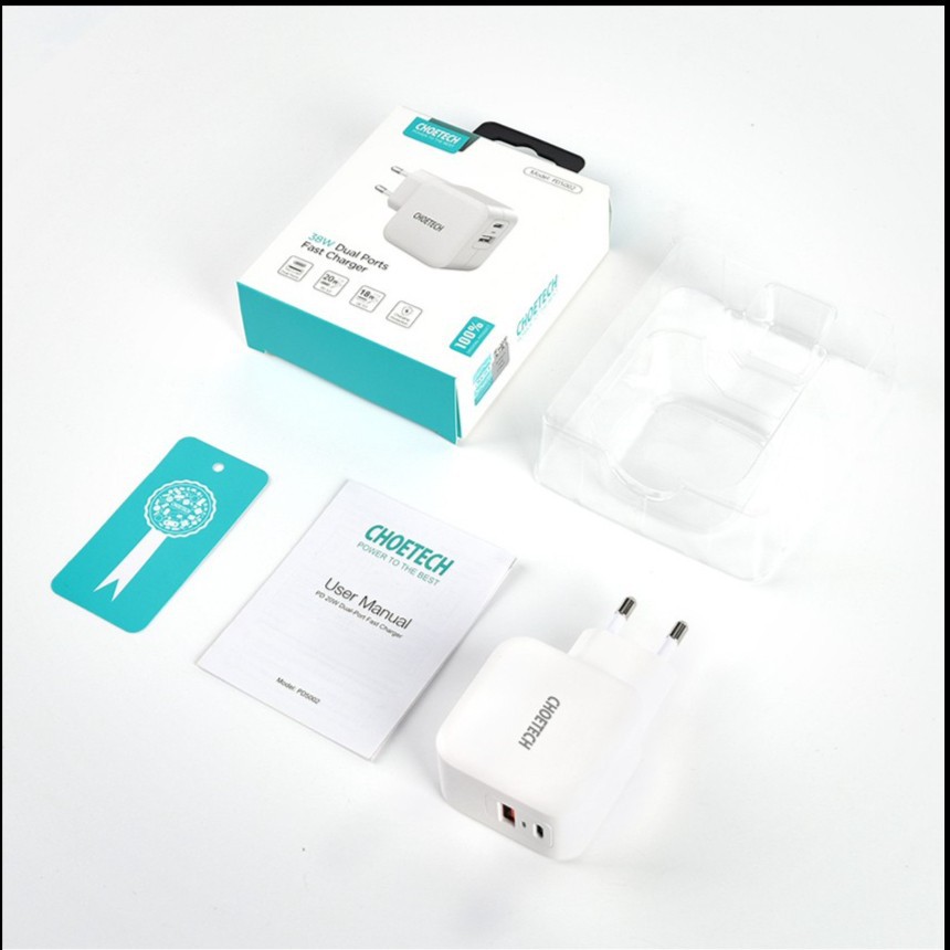 Wall charger choetech 2 port Usb-a Usb type-c pd 38w 3a Quick charge 3.0 pd5002 - Travel charger dua