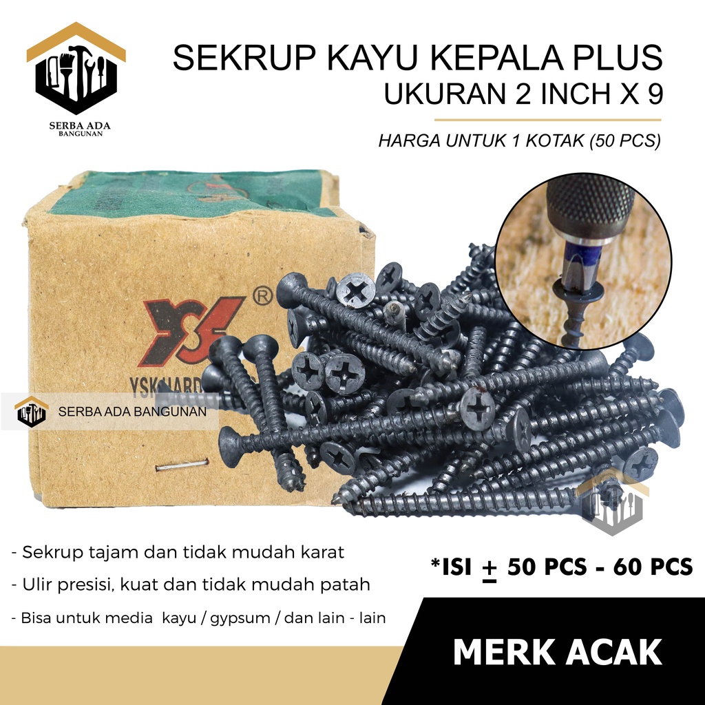 SKRUP KAYU 2&quot; X 9 (+) PLUS PANJANG 5CM / (HARGA 1 KOTAK - TIDAK DIECER) TERMURAH