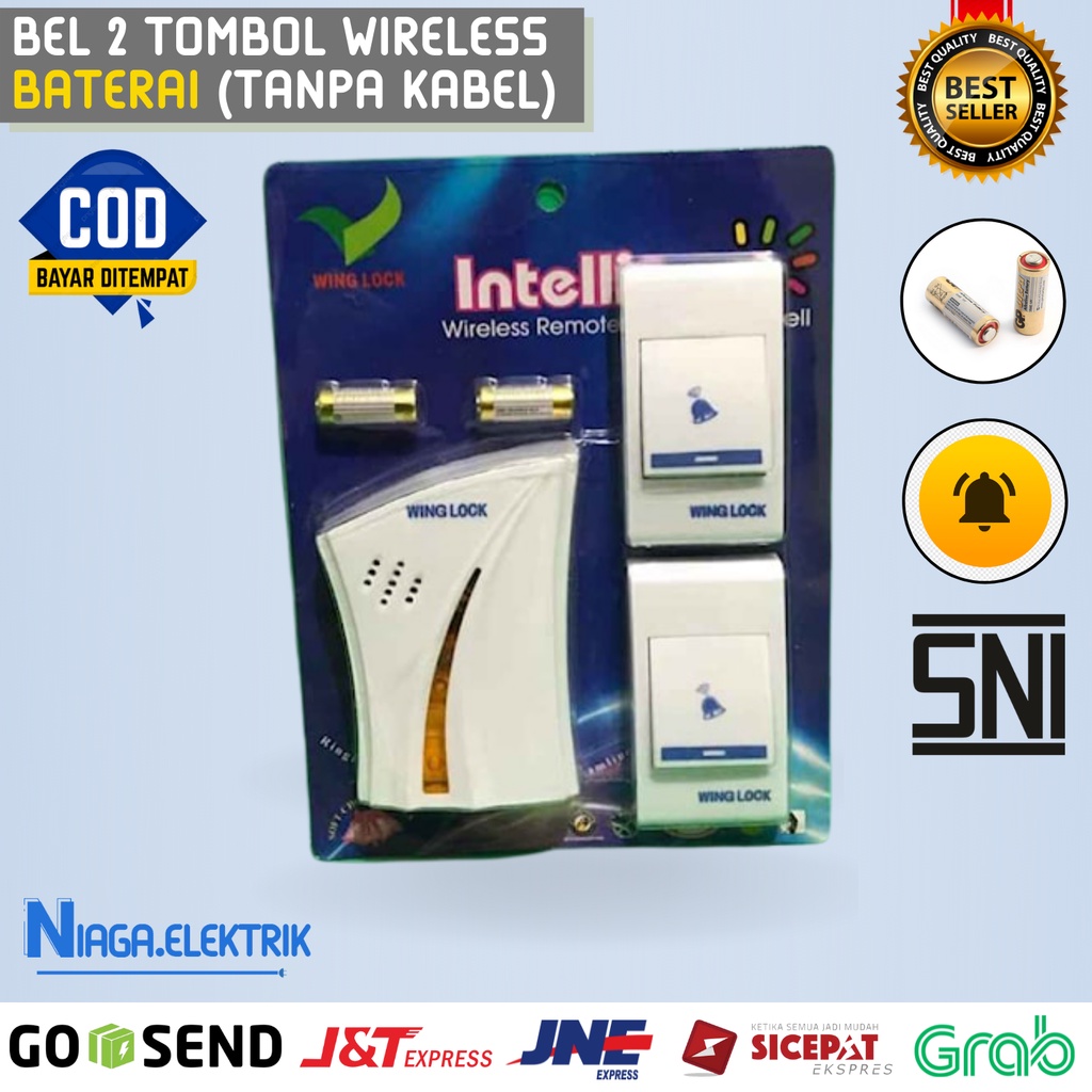 DOOR BEL rumah 2 Tombol PINTU Double Wireless Tanpa Kabel Dengan Baterai DC no Listrik - lonceng tam