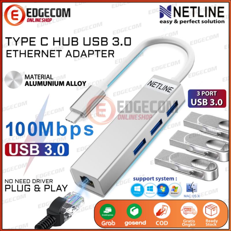 USB 3.1 TYPE C to 3 Port USB 3.0 HUB + Ethernet Lan Adapter 10/100Mbps NETLINE