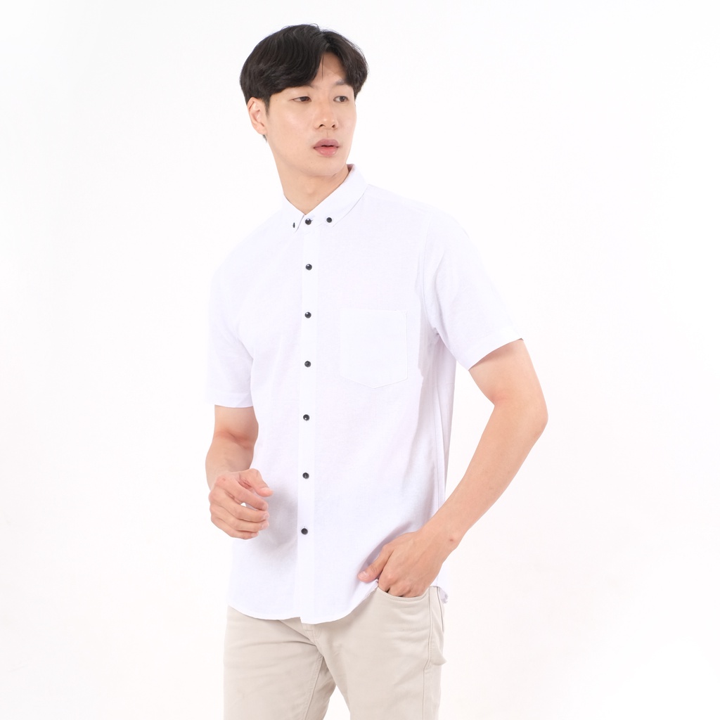 SANVANINA Kemeja Pendek Putih Slim Fit - Basic Rami White E-1507C