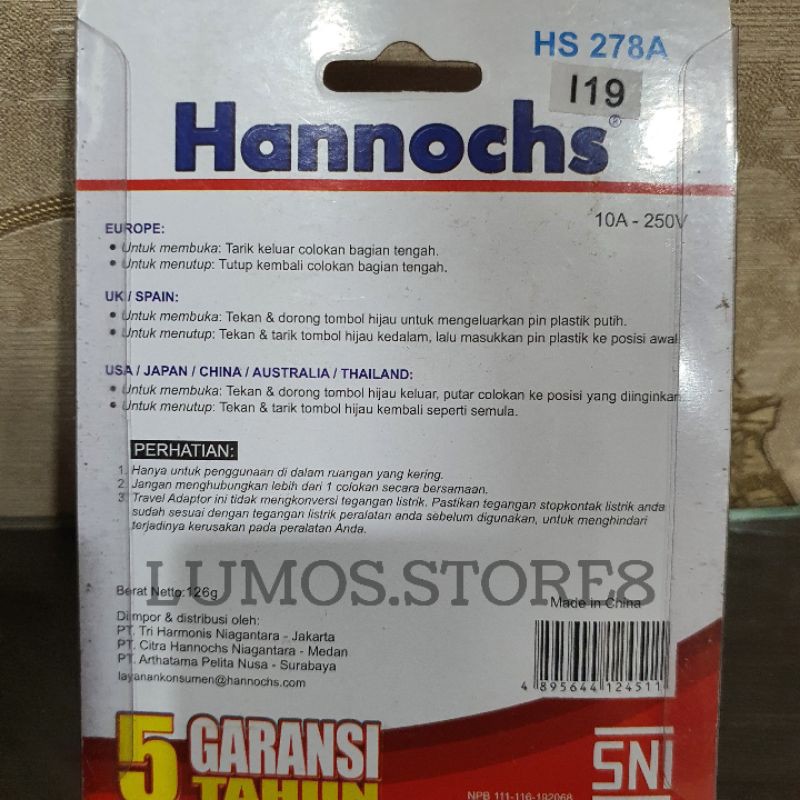 TRAVEL ADAPTOR HS 278 A HANNOCHS UNTUK 8 NEGARA