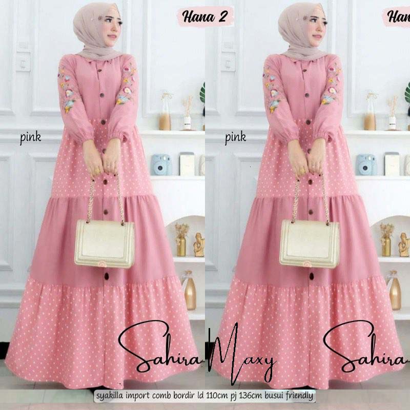 Baju Gamis Katun Jumbo Sahira Maxy Shakila Import APlikasi Bordir Ori Busui Kancing Baju Busana Musl