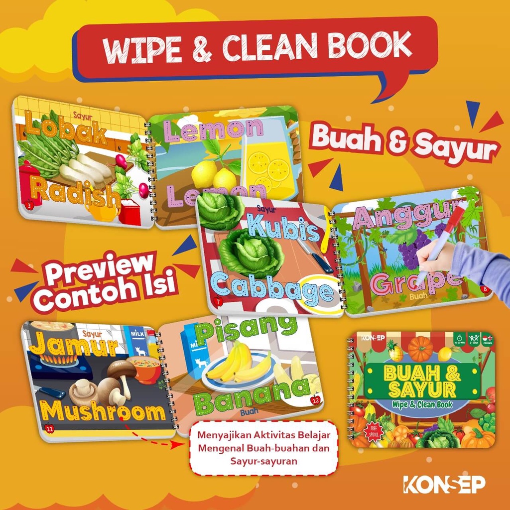 Activity Book Wipe And Clean - Seri Buah &amp; Sayur - Konsep Studio - Buku Edukasi Anak Belajar Menulis Untuk PAUD dan TK