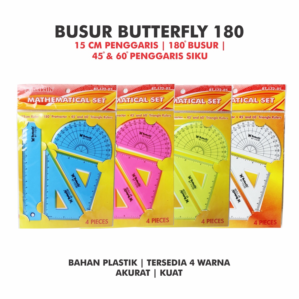 

Penggaris Busur 180 Derajat Butterfly 1 Set Isi 4 Pcs Mathematical Set Random Color BT 172 05