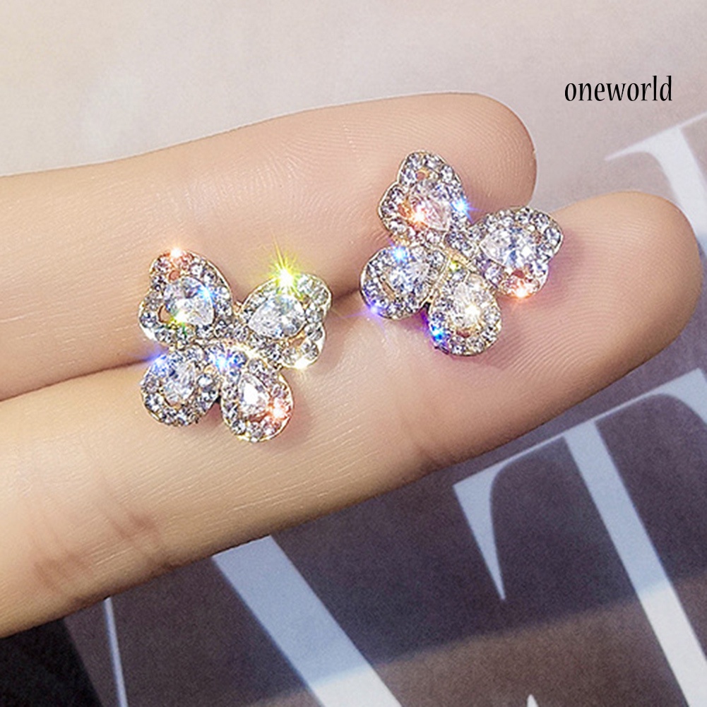 OW@ Elegant Women Full Rhinestone Inlaid Butterfly Shape Stud Earrings Jewelry Gift