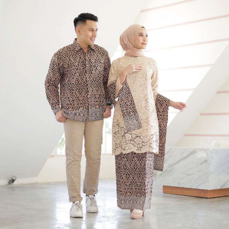 WOU BATIK - Kebaya Batik Couple Laura Kebaya Brokat Tille Mutiara Mix Payet Premium Rok Span Pinggan