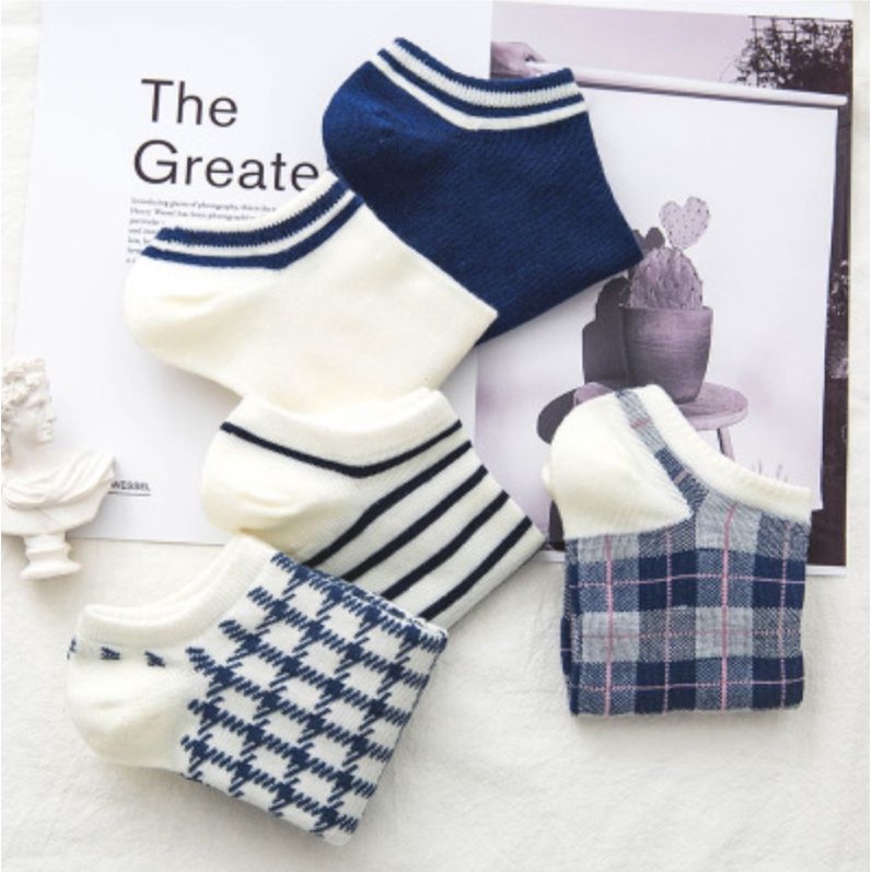 [ COD ] Kaos Kaki Wanita Pria Unisex Motif Garis Kotak Simple Polos Biru Dongker / Kaoskaki Wanita Pendek Semata Kaki / Kaos Kaki Korea Style-5