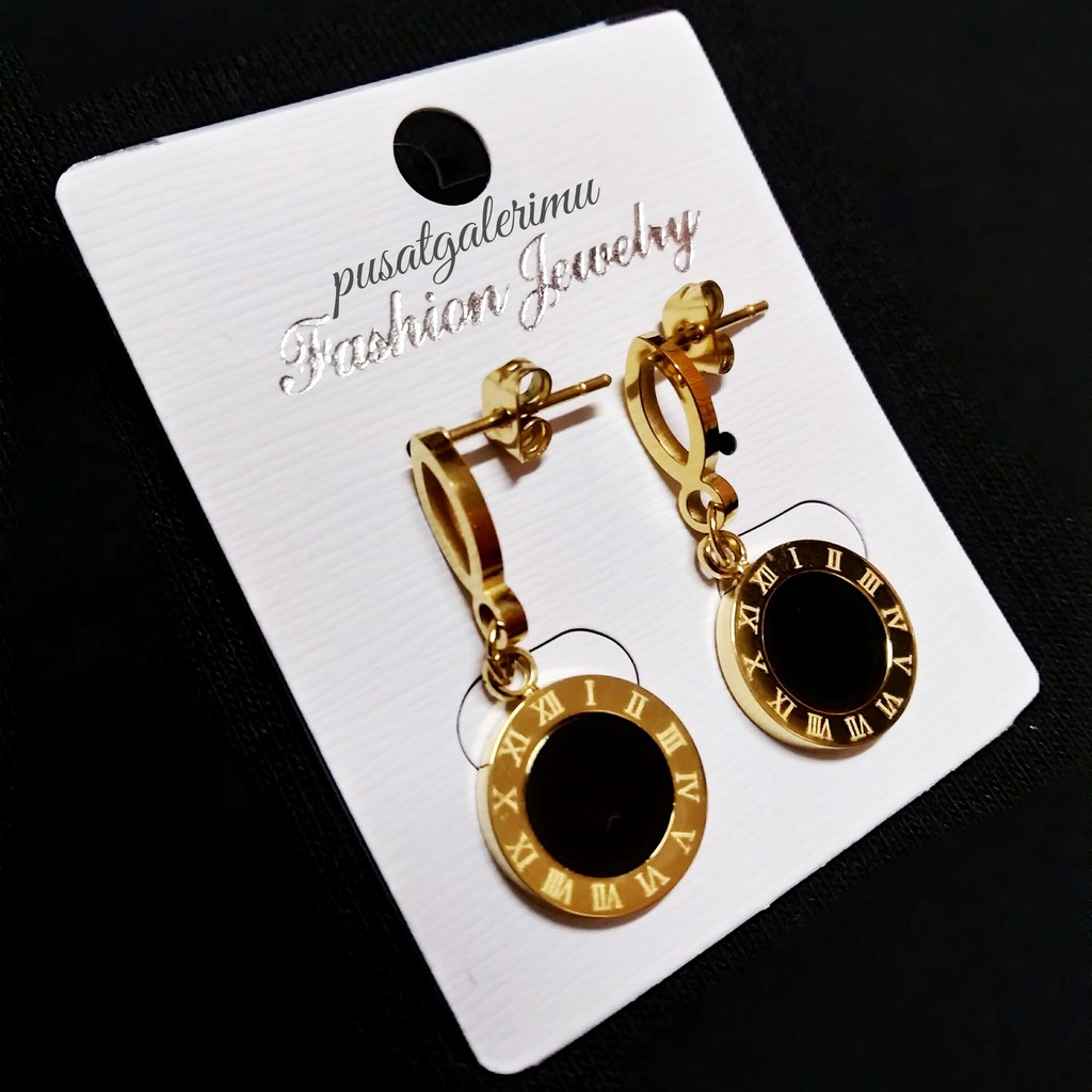 Anting Tiitanium Permata Hitam Model Roman Numeral Warna Gold FREE BOX