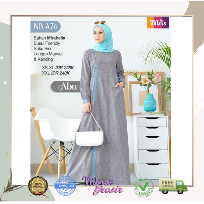 PREMIUM GAMIS NIBRAS TERBARU NBRS NB A76 GAMIS DEWASA - ABU, XS/S/M/L/XL