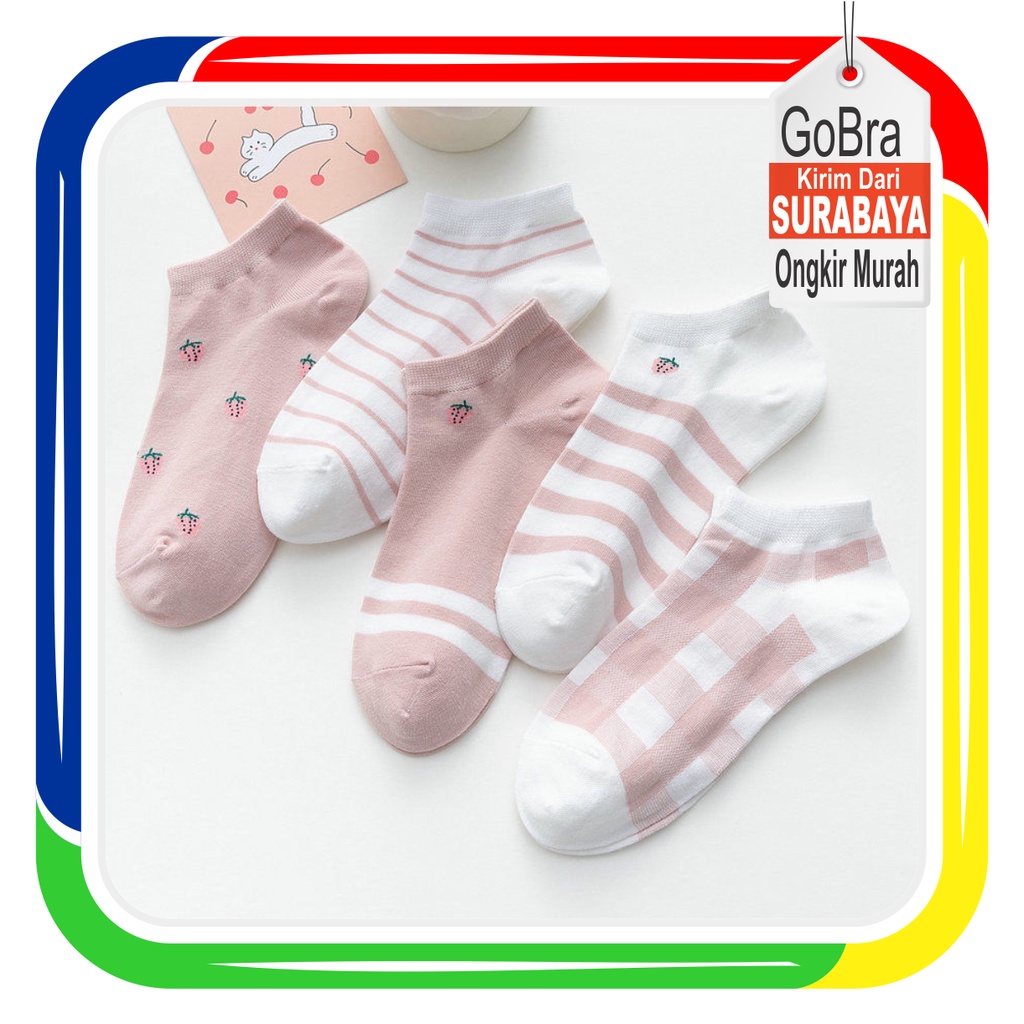 Gobra ♕ KK028 Kaos Kaki (Tanpa Kemasan) Wanita Tipis Pendek Semata Kaki Motif Kotak Pink Strawberry Fashion Korea Women Sock Import Murah