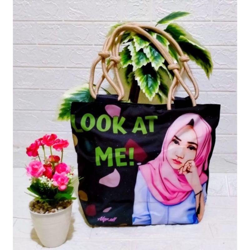 Tas tote bag tali sumbu/hijab motif print