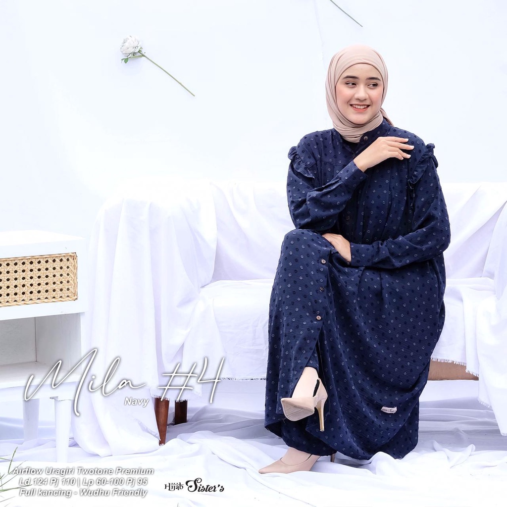 Hijab Sisters Mila One Set Baju Setelan Wanita Long Tunik Bahan Airflow Premium LD 124-Navy