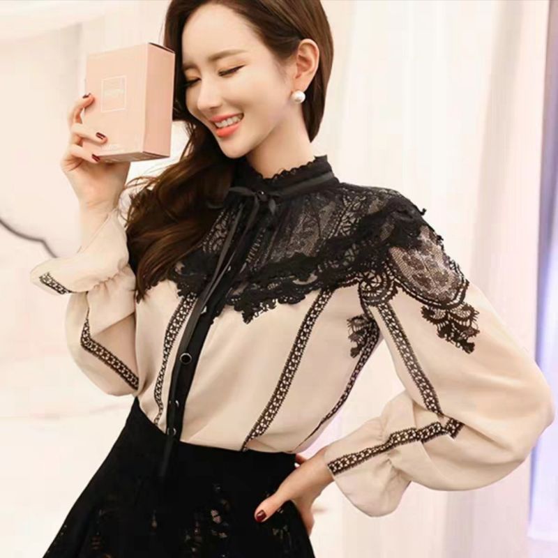 2585 Pakaian Baju blus blouse kemeja lengan panjang renda mocca hitam putih Baju anakmuda kekinian s