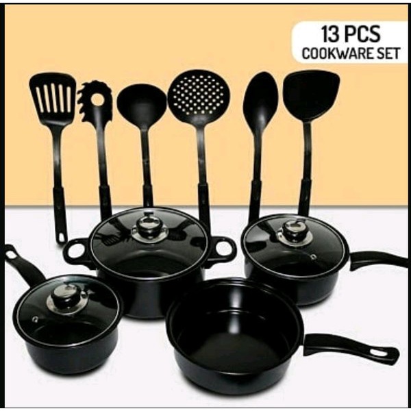 Panci Cookware Set 13 HITAM - Panci Wajan Set 13 Tutup Kaca All In One