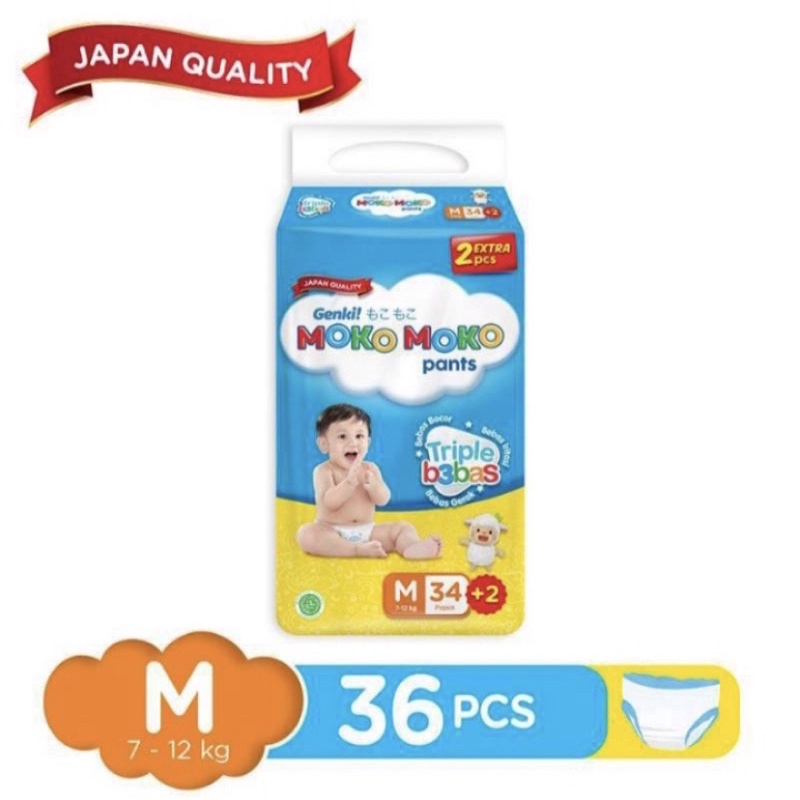 Popok Genki Moko Moko Pants M 36 pcs 34+2 Diapers Celana Bayi