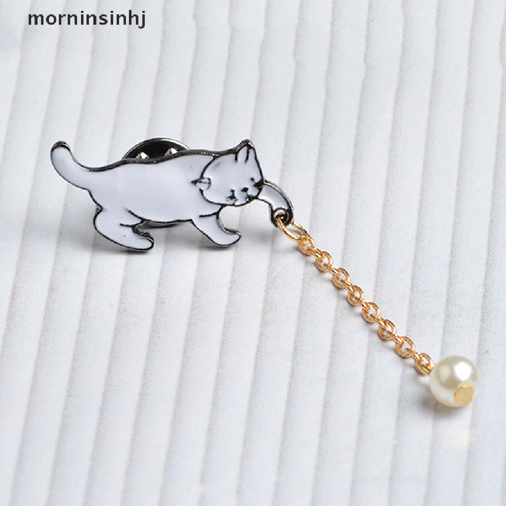 Mornin Bros Pin Enamel Kucing Lucu Hias Mutiara Untuk Aksesoris Kerah Kemeja Wanita