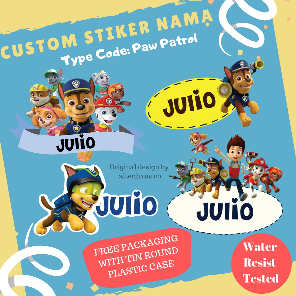 

CUSTOM STIKER NAMA ANTI AIR Variasi PAW PATROL - Stiker Vinyl - Label Nama - Stiker Nama Anak