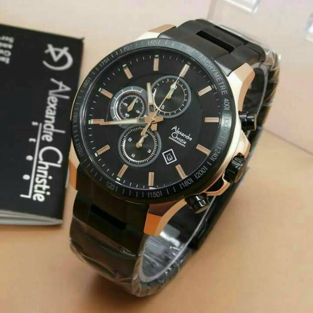 NEW JAM TANGAN PRIA ALEXANDRE CHRISTIE RANTAI BLACK GOLD AC6388 ORIGINAL